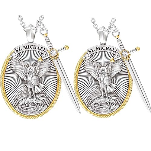 The Archangel Saint Michael/Oval Medal Necklace Protection Prayer Pendant Necklace Seal Solid with A Sword Pendant Necklace -2PCS…