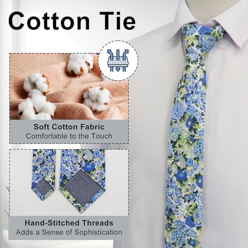 Image of Luckyvestir Mens Ties, Sage /Dusty Blue /Pink Floral Ties for Men, 2.76 inch Cotton Flower Necktie for Wedding /Groomsmen /Party