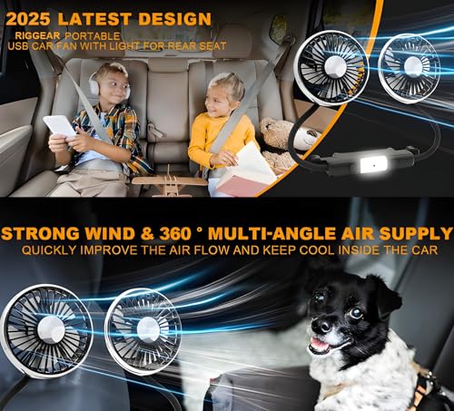 Image of RIGGEAR Car Fan, Back Seat Car USB Fan with Dual Head 3 Speed Adjustable Cooling Air with 360 Flexible Rotation, Independent Switch USB Car Fan for Seat Headrest with Small LED Lamp