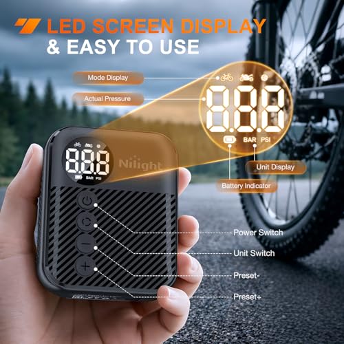 Image of Nilight Mini Bike Pump with Gauge Fast Inflate Tiny Bicycle Air Pump Portable Air Inflator 150PSI with Presta and Schrader Valve for Road Mountain Bike E-Bike Motorcycle Ball