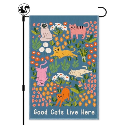 LAGZDFC Good Cat Live Here Garden Flag Double Sided Outdoor Lawn Yard Flag Gifts Funny Floral Cats Banner For Cat Lovers Colorful Outdoor Cats Decor for Yard or Porch Spring Summer Autumn Flags