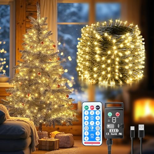 Guijiyi Luci Albero di Natale, 30M 300 LED Luci Natalizie da Esterno ed Interno a Batteria Ricaricabile, 8 Modalità con Funzione Memoria e Telecomando Catena Luminosa per Giardino Balcone Casa Festa