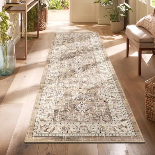 LOKHOM Washable Runner Rug, 2x6 Non-Slip Vintage Hallway Runner Rug with Rubber Backing, Boho Floral Soft Faux Wool Kitchen Rug Carpet Runner for Kitchen Laundry Entryway Bedroom (Beige Brown)
