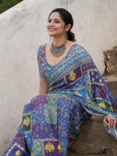 Image of Sidhidata Women's Chinon Ajrakh Printed Mirror Patch Work Saree With Unstitched Blouse Piece (Rangrezz Blue Blue Free Size)