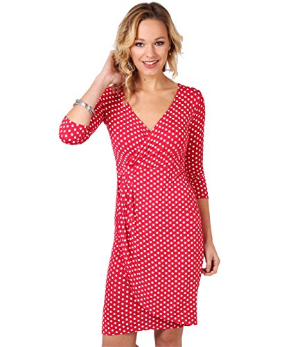 KRISP® Women Wrap Front Dress V Neck Pleated Cross Over, Rot (6487), EU 38 / UK 10