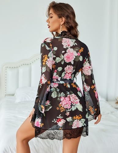 Image of Avidlove Women Lace Kimono Robe Babydoll Sexy Lingerie Mesh Chemise Nightgown Cover Up