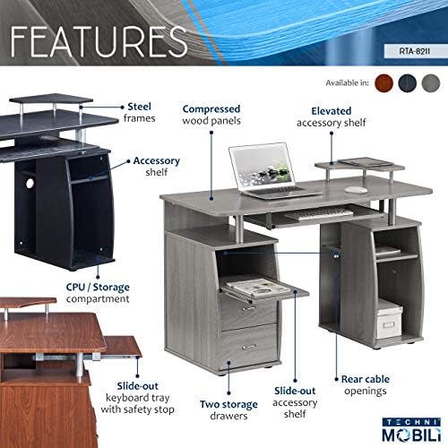 Techni Mobili Complete Computer Workstation Desk With Storage, Mahogany, 48" W x 22" D x 34" H