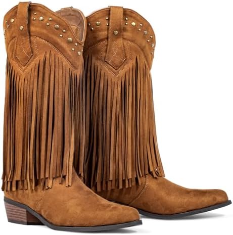 Fringe Cowboy Boots for Women Wide Calf - Tassel & Studded Accent...
