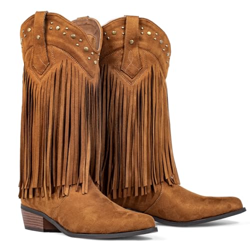 WrangWalker Fringe Cowboy Boots for Women Wide Calf - Tassel & Studded Accents, Faux Suede Leather,...