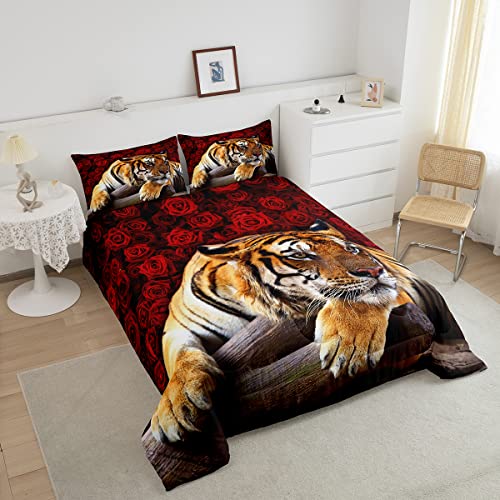Red Rose Tiger Bedding Set,Cat Tiger Print Comforter Set,Romantic Flowers Down Comforter,Safari Animal Theme Bedroom Decor For Teens Boys Girls Women,Queen Lightweight Reversible With 2 Pillow Sham #TOP4