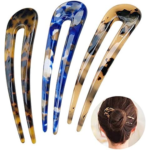 HYFEEL French Hair Forks Tortoise Shell U Shape Updo Hair Pins Clips for Thin Thick Hair, 4.3 inch Classic Cellulose Acetate 2 Prong Bun Hair Sticks Chignon Women Vintage Hairstyle Accessories, 3 Pack Cover