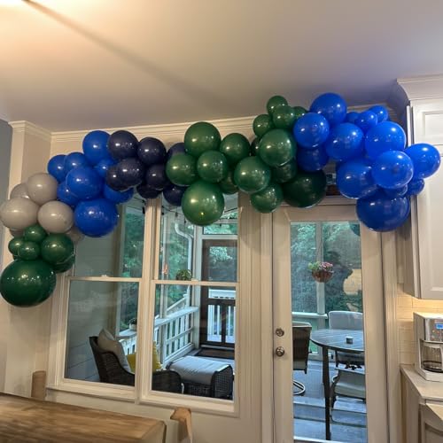 Image of Balloons Green and Blue, 60Pcs 12 Inch Navy Blue Green White Latex Party Balloons for Kids Birthday, Jungle Safari Themed Party, Dinosaur Party Supplies, Baby Shower, Wedding, Anniversary
