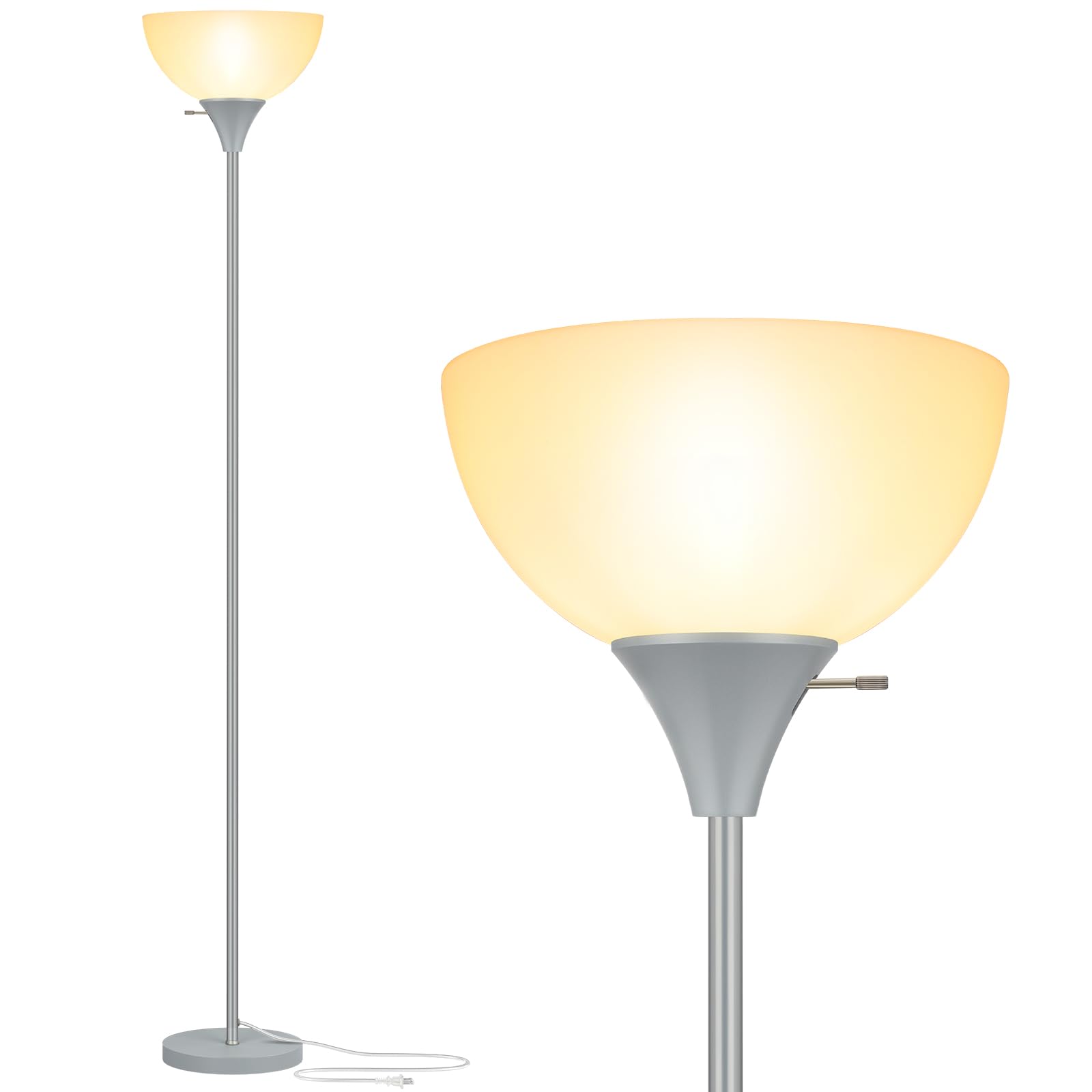 Coucrek Floor Lamp, LED Standing Lamps with White Plastic Shade, Modern Corner Floor Lamp, Simple Tall Lamps for Living Room Bedroom, Rotary Switch, E26 Base, Bulb not Included, Sliver Grey