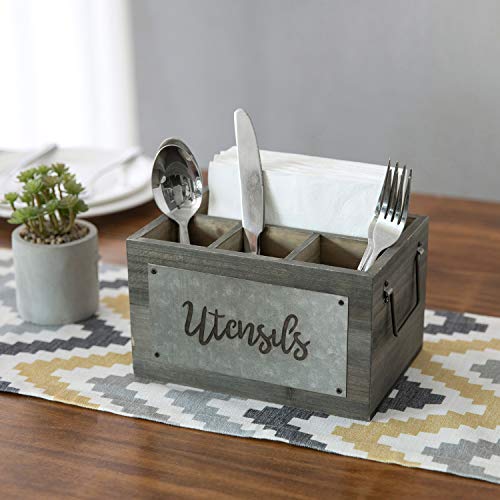 Mygift Vintage Gray Solid Wood Utensil And Napkin Holder Serving Caddy With Rustic Handles And Galvanized Panel With Utensils Cutout Design #TOP1