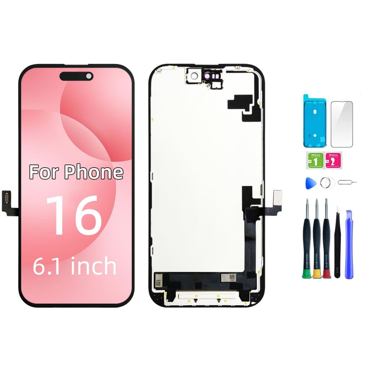 dla iPhone 16 Wymiana ekranu 6,1 calowy wyświetlacz LCD 3D Touch Full HD Digitizer Frame Assembly, kompatybilny z modelami A3288, A3287, A3081, A3296, zestaw naprawczy + ochrona hartowana ekranu