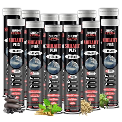 Image of Shudh Kaama Original Himalayan Shilajit /Shilajeet (750mg) Effervescent with Ashwagandha, Gokshura & Safed Musli for Strength & Muscle Gain - (Pack of 12) 240 Tablets