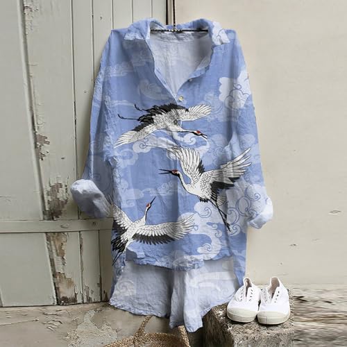 Blusas femininas de linho manga comprida camiseta casual ajuste solto gola lapela botão camiseta tún