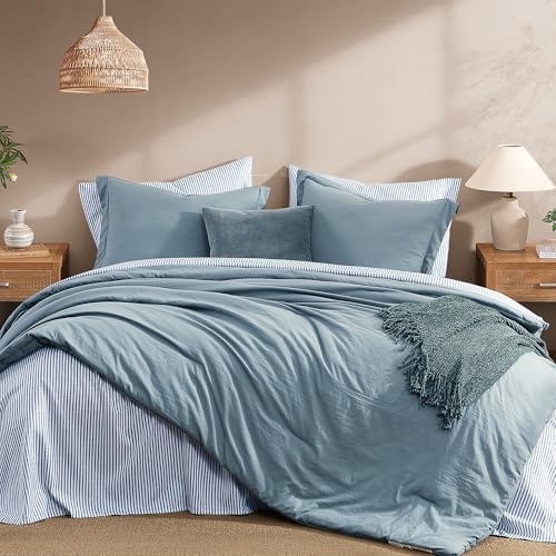 Monbix King Size Comforter Set - 7 Pieces Dusty Blue Prewashed Bed in a Bag King Bedding Sets with Comforters, All Seasons Ultra Soft Comforter Bed Set with Sheets,Pillowcases & Shams