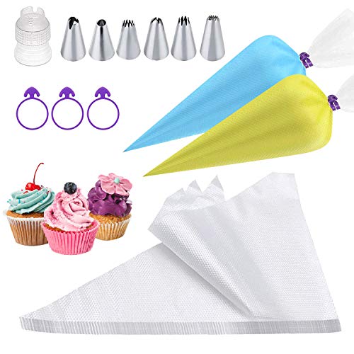100 pcs /set Disposable Piping Bags with 6 Cupcake Icing Tips, 12 Inch Thickened Pastry Bag for Cream Frosting, Cupcake Cake Decorating Supplies Bonus 3 Bag Ties & 1 Icing Tips Coupler