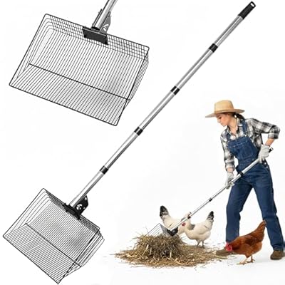 AMFOSNEL Chicken Poop Scooper, Litter Coop Scoop Rake Sand Sifting Shovel with Adjustable Long Handle (37" to 78"), Cleaning Tools Accessories for Chicken Coops & Farm Animals