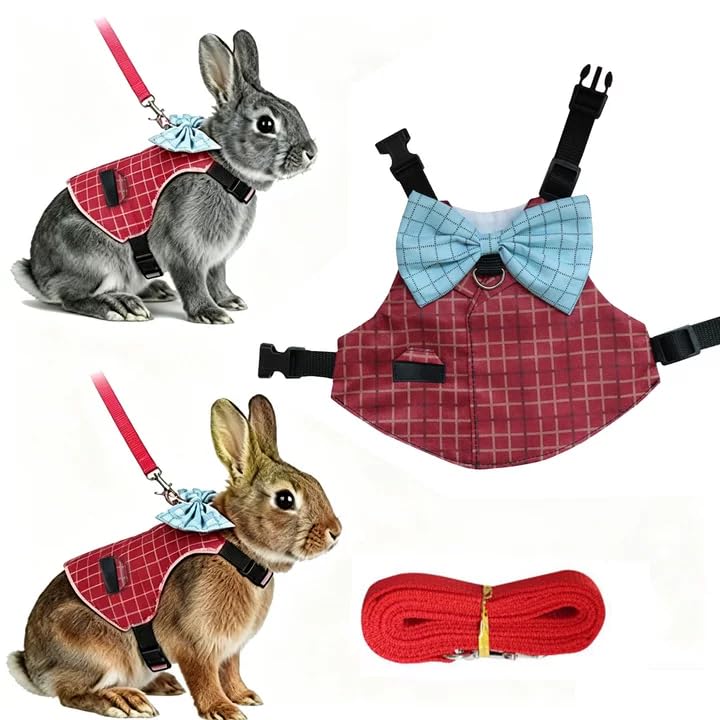 Fenralomi Rabbit Harness and Leash Set Escape Proof Plaid Bunny Vest with Bow Tie Breathable Mesh Harness Dual D Rings Adjustable Leash for Rabbit Guinea Pig Ferret Walking Training (Red, M)