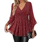 VALOLIA Red Tops For Women, Christmas Blouses for Women Dressy Wrap Tops Plus Size Sparkly Evening Party Shirt A-Line Swing Double Layer Elegant Wedding Guest Outfit for Fall Winter XXL
