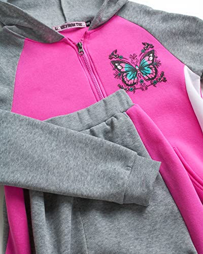 Love From The Heart Girls' Jogger Set - 4 Piece Fleece Hoodie And Sweatpants (4-12), Size 10-12, Fuchsia/Grey Butterfly #TOP2