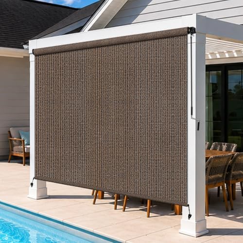 Outdoor Roller Shades for Patio, 8' W x 6' H Cordless Patio Shades Roll Up Outdoor Blinds with Splicing Design, 90% UV Protection for Porch Gazebo Pergola, 2 Poles & 1 Fabric, Mocha