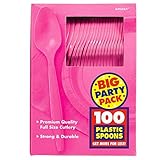 Amscan Big Party Pack 100 Count Mid Weight Plastic Spoons, Bright Pink