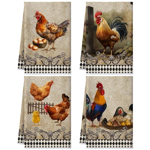 4 Pcs Kitchen Towels Chicken Rooster Farm Dish Towels Farmhouse Cow Washcloths Vintage Rustic Hand Tea Cloth Decor 16 x 24 Inch for Kitchen Bathroom Home Gifts(Delicate Color,Rooster)