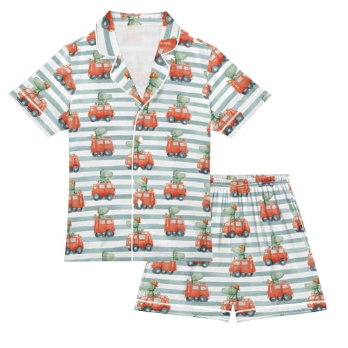 Cartoon Alligator Fire Truck Pajamas Set Soft Satin Pjs Sets 2 Piece Short Sleeve Sleepwear Casual Loungewear