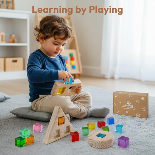 Image of Woodtoe Large Rainbow Gem Blocks, 16 PCS Stacking Blocks for Toddlers 1-3 | Includes 3 Wooden Shapes, Montessori Sensory Toy, Creative Acrylic Blocks, No Choking Hazard, Birthday Gift for 1 2 3 Years