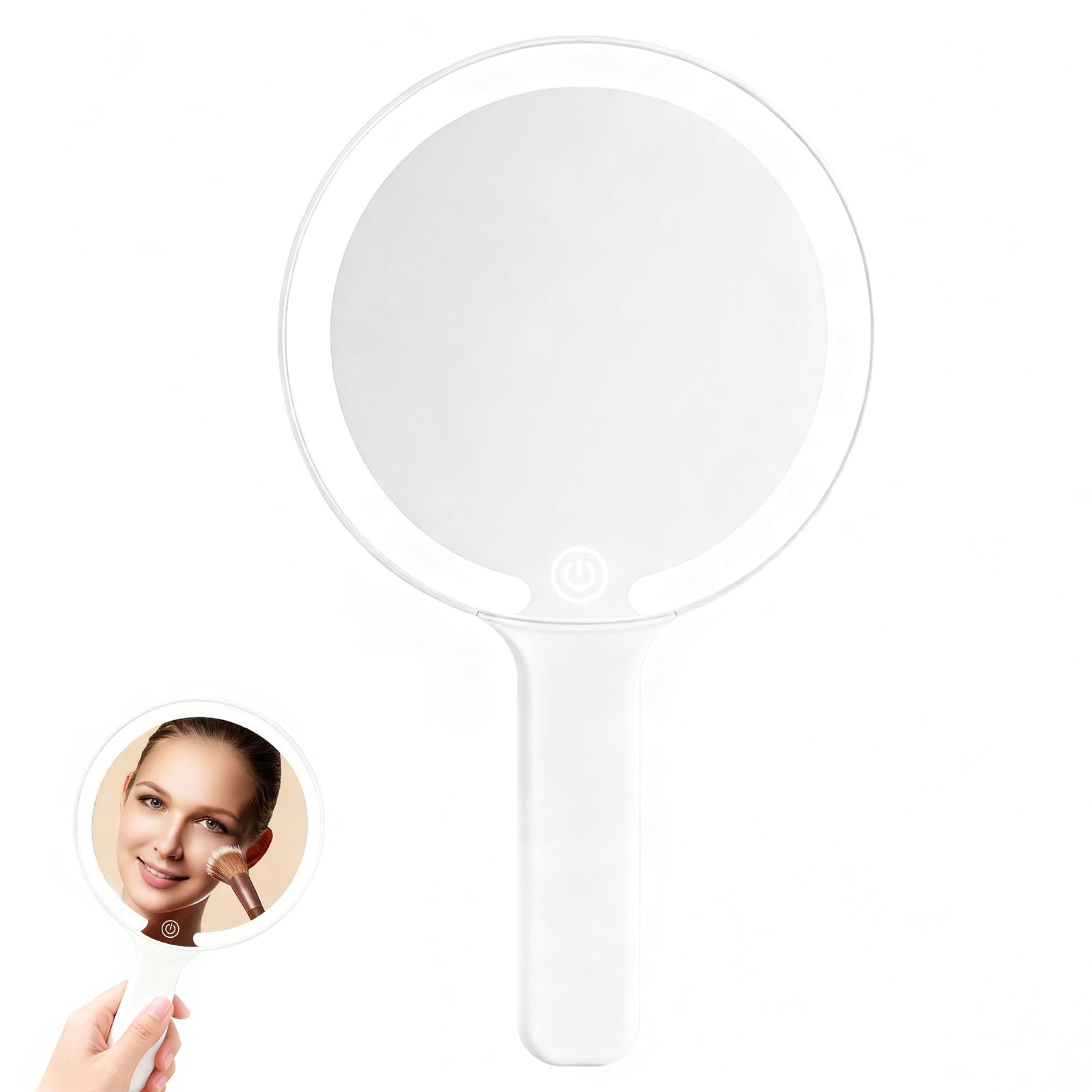 Specchio a Mano con Luce, Specchio da Trucco Ricaricabile Portatile, Interruttore Tocco, 3 Colori Chiari, Per Parrucchiere, Trucco, Casa, Viaggio (Round)