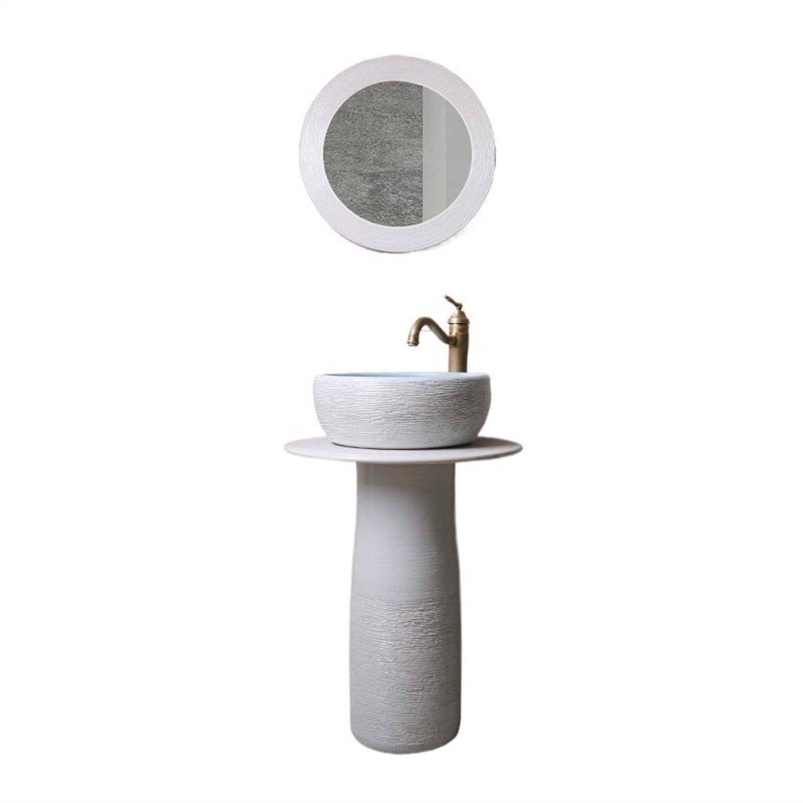 Lavabo su Colonna da Bagno in Ceramica con Rubinetto, Set di Scarico e Specchio - Piedistallo per Interni ed Esterni