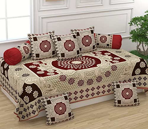Image of SAWNA Homes Presents Beautiful Chenille Fabric Printed Designer Diwan Cover Sets (Single Bedsheet + 5 Cushion Covers 2 Bolster Covers) (Coffee)