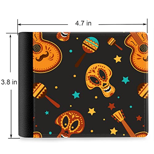 (Day Of The Dead Sugar Skull And Guitar-2 Front Pocket Slim Bifold Leather Wallet RFID Blocking with ID Window for Men2