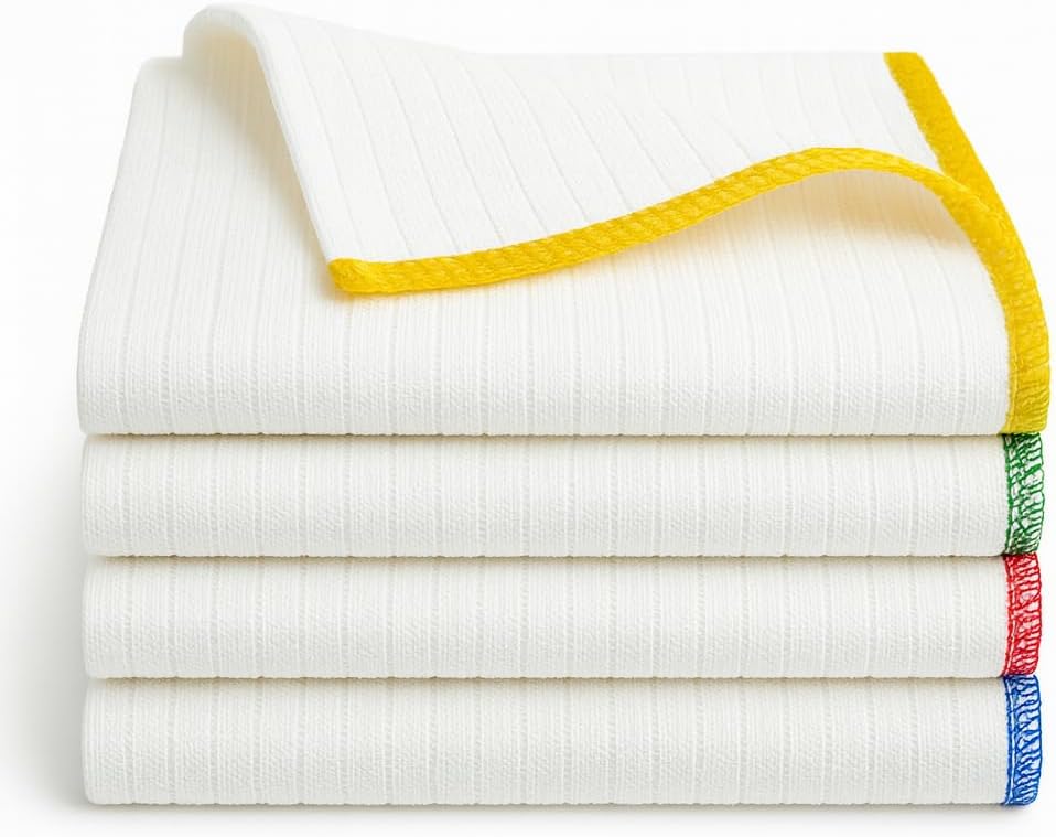 Pack of 4 Heavy Weight Cotton Dish Cloths – Extra Large 42 × 44 cm – Ultra-Absorbent, Quick-Dry & Lint-Free – Thick Weave 275 GSM - Colour-Coded - Reusable for Home & Commercial Cleaning
