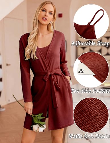 Image of Ekouaer Pajamas for Women Set 3 Piece Lounge Set Soft Pajama Sets Waffle Knit Tank Top and Shorts Cardigan with Pockets S-XXL