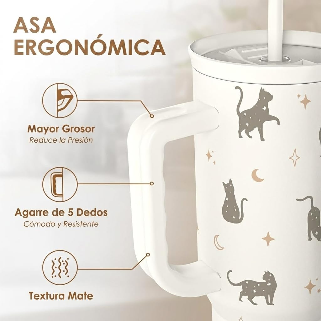 Regalo para los amantes de los gatos, gato mamá, vaso de acero inoxidable de 40 onzas con asa y pajita, taza de café de viaje para mujeres, regalo para cumpleaños, Navidad