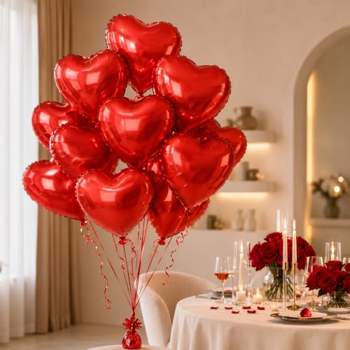 Image of Wanna Party Pack of 10 Red Heart Shaped Foil Balloons, Helium Quality Balloon Bouquet for Anniversary, Wedding, Proposal, Birthday & Romantic Party Decoration-18 inch