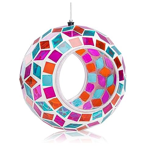 Yinns Glass Bird Feeders Outside, Hanging Mosaic Bird Feeder, Round Shape Fly Through Container Wild Birdfeeder for Garden, Backyard Decor Cover