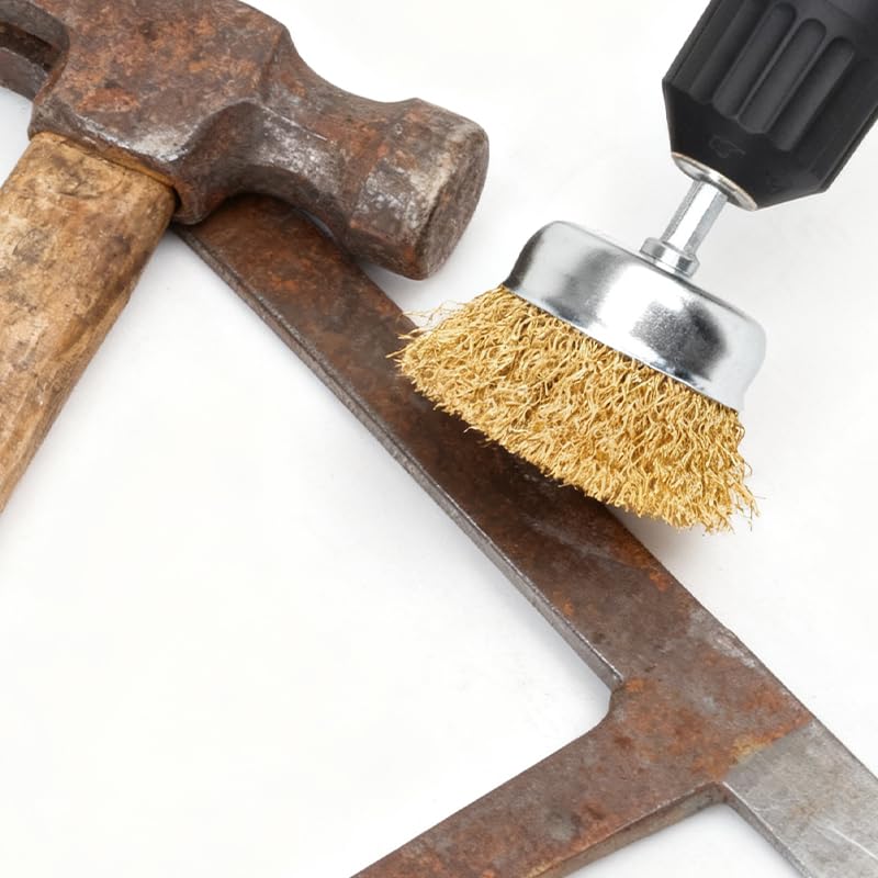 Image of 5 Pcs Wire Wheel Brush Set for Drill,Carbon Steel Wire Cup Wheel Coarse Crimped Abrasive Brass Coated Brushes with 1 /4 Inch Hex Shank for Rust Remova,Corrosion and Scrub Surfaces