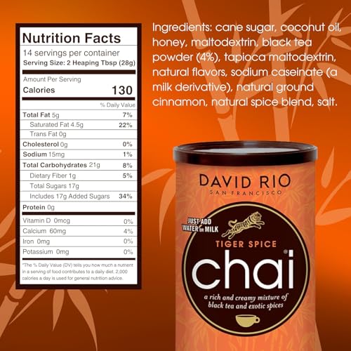 David Rio® Chai Tee Pulver Tiger Spice Chai (398g) - Würziger Schwarztee mit Zimt, Kardamom, Ingwer & Nelken - Perfekt für aromatische Chai Latte & Eistee - Unterstützt bedrohte Tierarten - Gewürztee