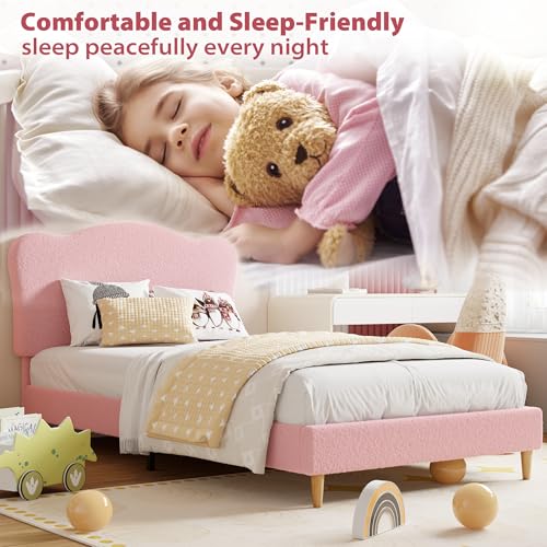 Image of GarveeHome Upholstered Full Size Bed Frame for Kids with Scallop Headboard, Cute Velvet Full Bed for Girls, Boys, Sturdy Platform Bed, No Box Spring Needed, Wooden Slats, Noise Free, Pink