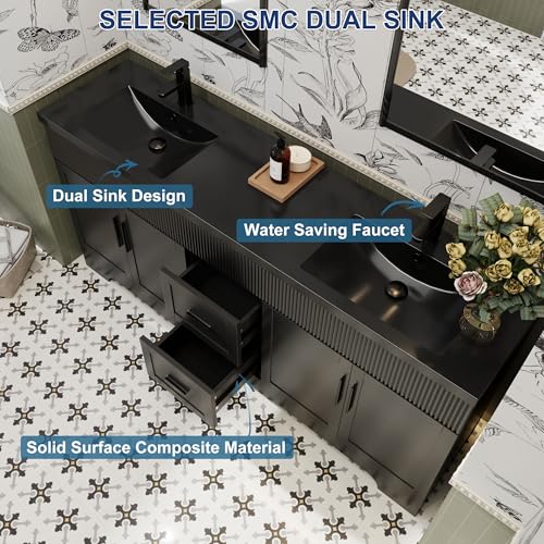 Image of eclife 72 inch Bathroom Vanities Sink Combo with Painted Surface, Modern Drawered Cabinet W /Decorative Wave Lines, Undermount Double Black Sink, Matte Black Faucet Drain, Black