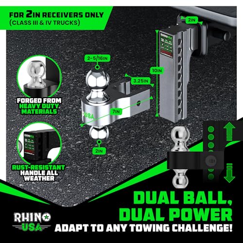 Image of Rhino USA Adjustable Trailer Hitch (2-Inch Receiver) - Heavy Duty Aluminum Tow Hitches with 8-Inch Drop /Rise for Truck (12,500 LBS GTW) - Weatherproof Double Anti-Theft Locking Hitch Pins (Silver)