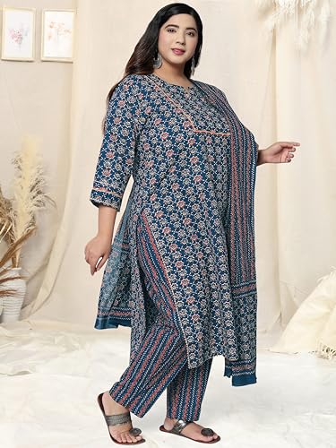 Image of MIRCHI FASHION Plus Size Pure Cotton Kurta Set for Women | 3 Piece Printed Straight Fit 4XL 5XL Kurta Pant Set with Dupatta | Ethnic Work Wear Set | 3XL 4XL 5XL Salwar Suit
