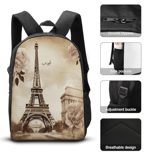 Printed Backpack With Lunch Pack Storage Box Case Vintage Paris Eiffel Tower Butterfly 3pcs Lightweight Travel Backpack3