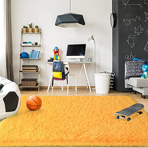 Image of Handmade 2 Inch Pile Height Super Soft Touch Export Quality Plain Shag Rectangular Carpets For Home Size 9 X 12 Feet Color Yellow
