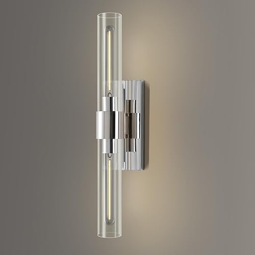 Miniatura 13 de YUYI Juego de dos apliques de pared de latón, 22.8'' apliques de baño dorados con pantalla de vidrio transparente, luces de pared de tocador de